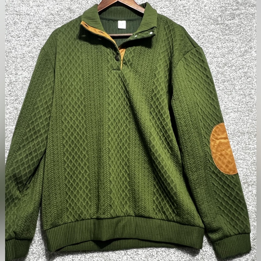 Hengsheng Men’s Green Polyester 1/4 Button Pullover Elbow Pads Size Medium Top